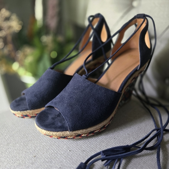 CABI Navy Espadrille Raffia Platform Wedges - Picture 1 of 7